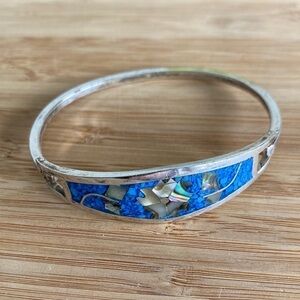 Vintage Mexican Abalone & Turquoise Silver Hook Bangle Bracelet